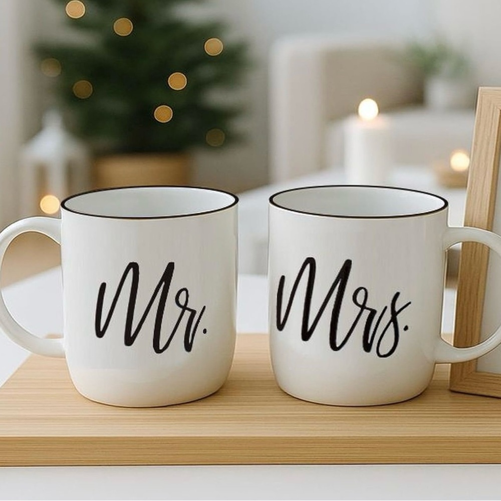 GIFFFTED ‘’Mr. & Mrs.” Mug Set – White & Gold Rim – Wedding / Engagemen